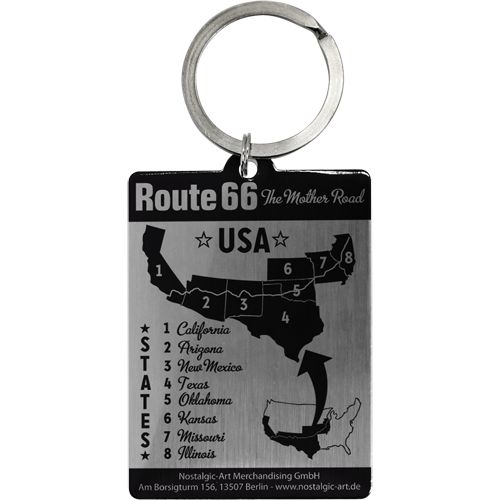 47036b Baksidan på en nyckelring som visar en karta över Route 66