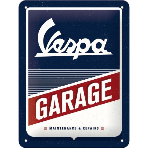 Beställ roliga retro plåtskyltar hos Nostalgishopen! Tjusig retroskylt i plåt, med nostalgisk Vespa logotype och texten "Vespa Garage Menenance & Repair" Skylten i blått, rött och vitt.