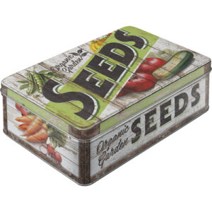 Plåtburk med grönsaker på och texten "seeds"