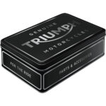 En svart burk med Triumph motiv