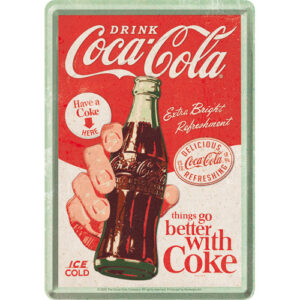 Vykort med en coca cola flaska i en hand, retro stil