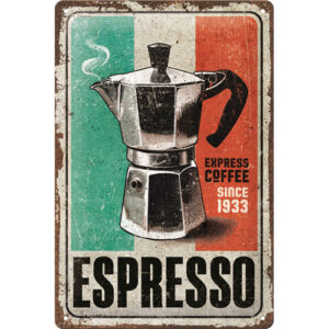 En espresso bryggare och italienska flaggan i bakgrunden