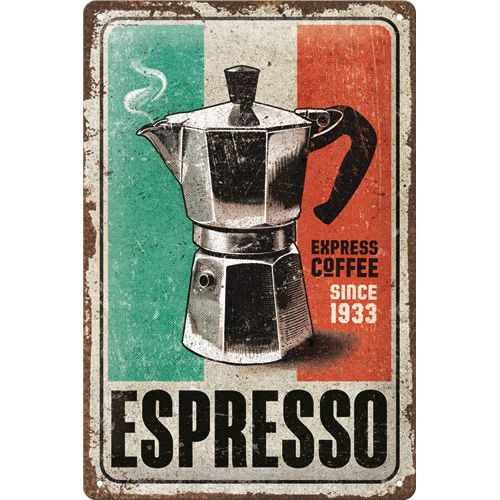 22437 En espresso bryggare och italienska flaggan i bakgrunden