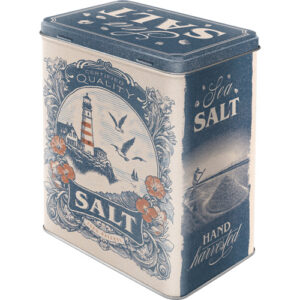 En fin plåtburk för salt i vitt och blått med havstema