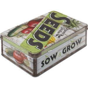 Plåtburk med grönsaker på och texten "seeds"